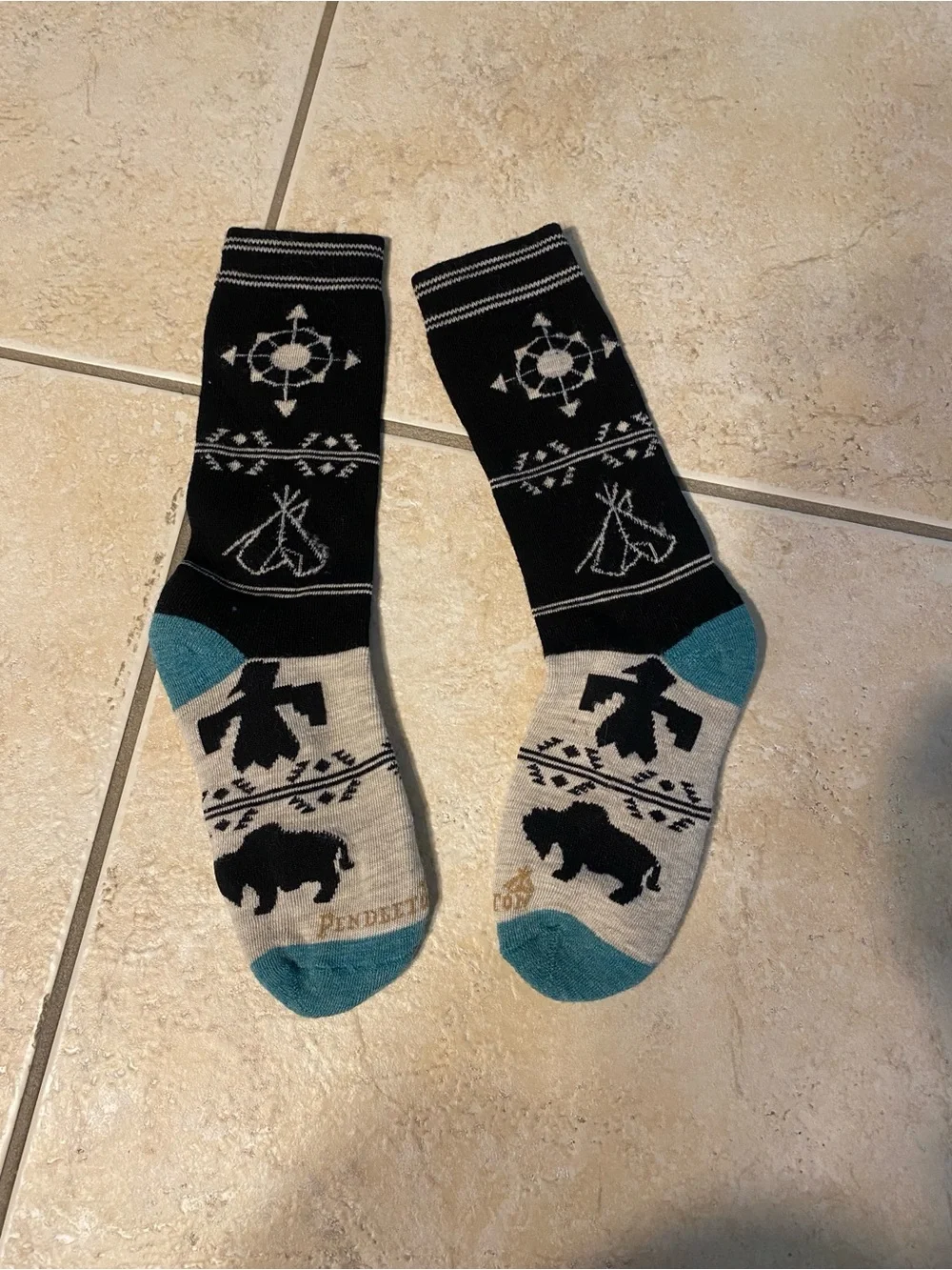 Pendleton Black, Cream & Teal Patterned Crew Socks